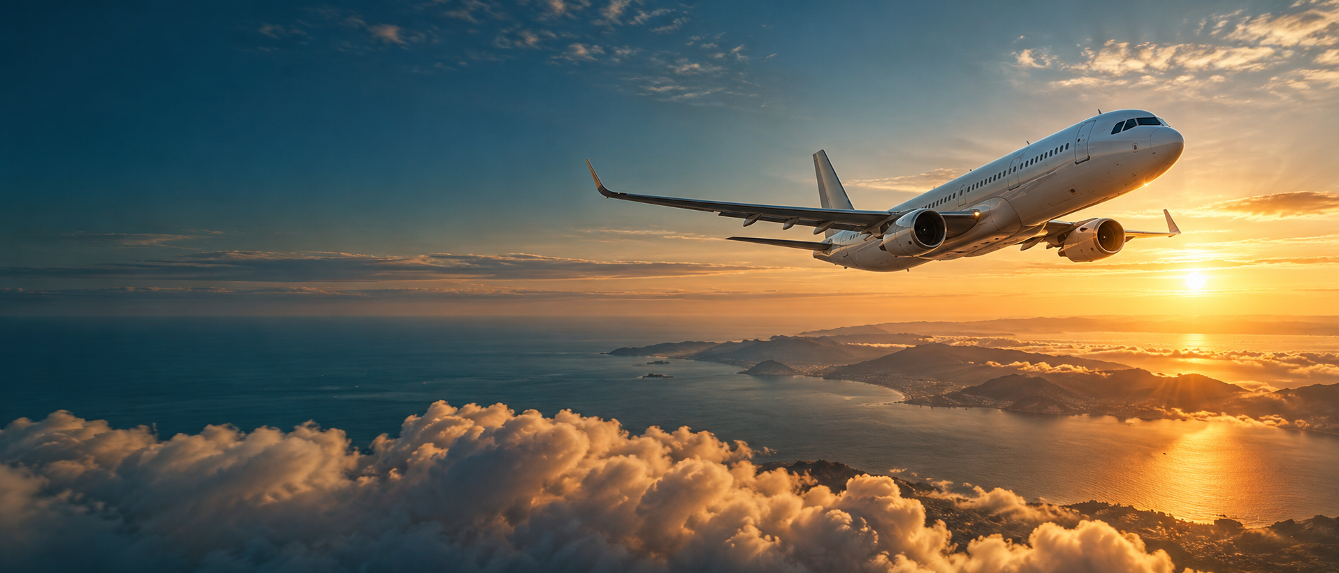 Passenger airplane flying above a sunlit tropical coastline