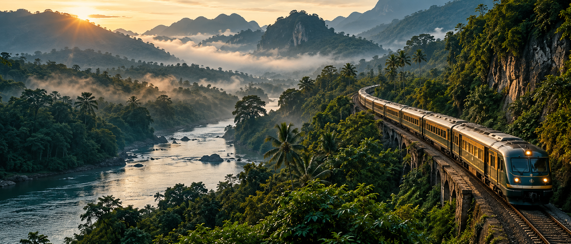 Scenic passenger train travelling through a lush tropical mountain valley